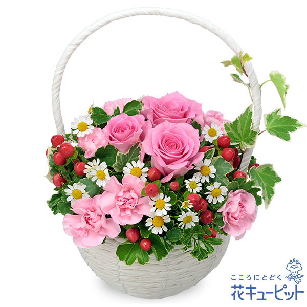 【5月の誕生花（ピンクバラ）】ピンクバラのナチュラルバスケットかわいらしい花畑のようなバスケットアレンジメント