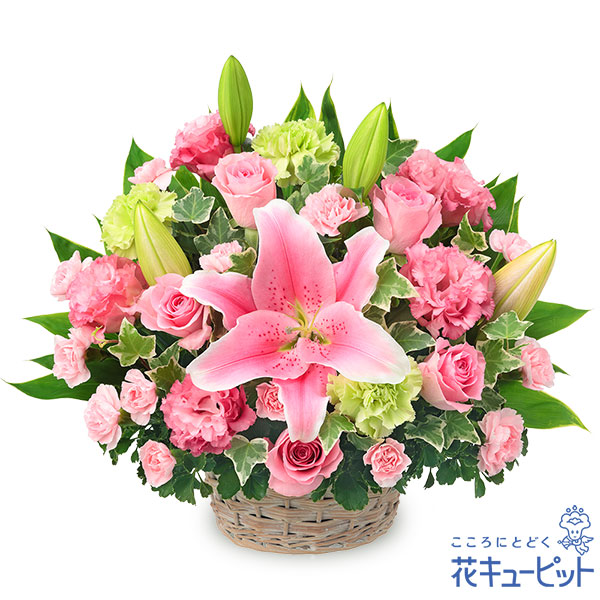 【誕生花 5月（ピンクバラ）(法人）】ユリとピンク色のバスケットアレンジメント