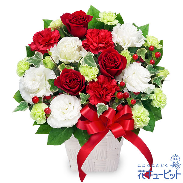 【誕生花 12月（赤バラ）(法人）】赤バラと赤リボンのアレンジメント
