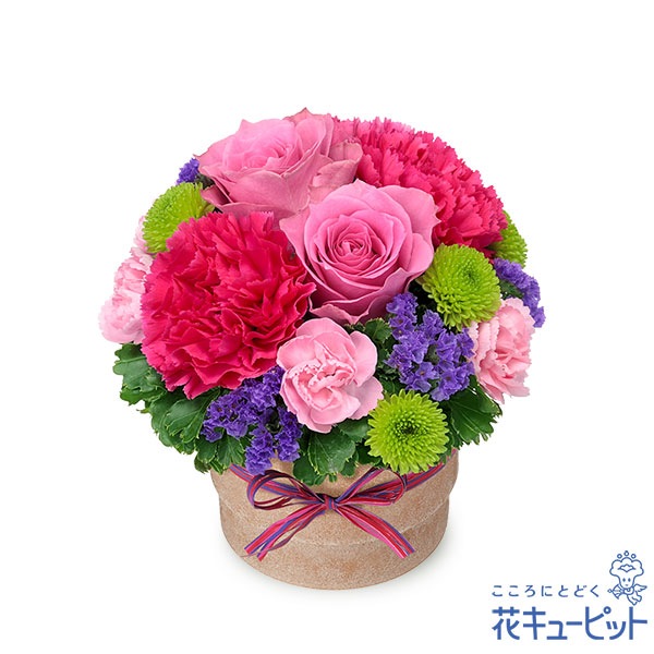 【10月の誕生花（バラ）】ピンクバラのウッドポットアレンジピンクのバラをぎゅっと詰め込んだギフト