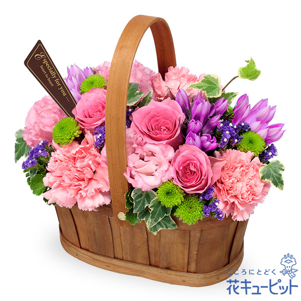 【9月の誕生花（リンドウ）】リンドウのハーモニーバスケット（ピンク）リンドウなどのピンクの花が可愛いデザイン