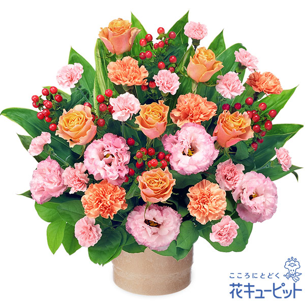 【10月の誕生花（バラ）】オレンジバラのウッドポットアレンジ鮮やかなオレンジバラが映える豪華なアレンジ