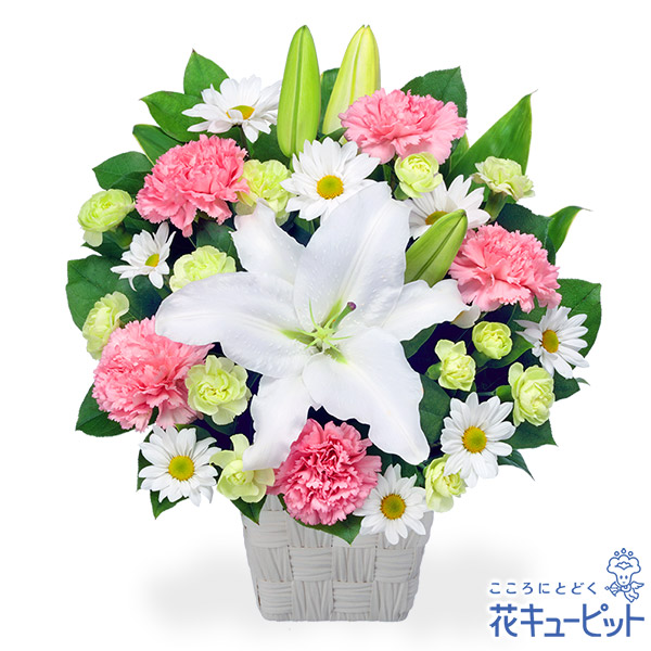 【四十九日法要以降に贈る献花】お供えのアレンジメント温かみのあるピンクの花が想いを届けます