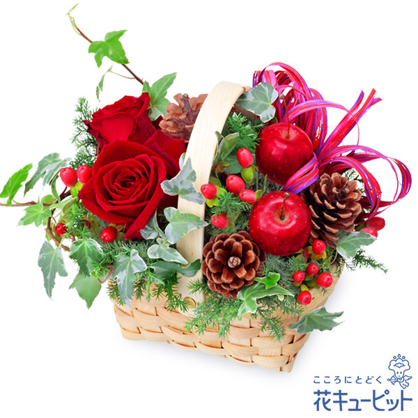 【12月の誕生花（赤バラ）】赤バラのウッドバスケット特に女性や子供へのギフトとして人気です