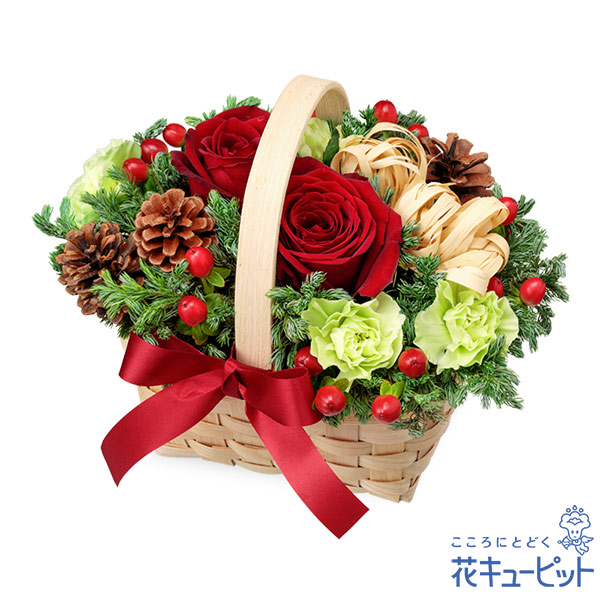 【誕生花 12月（赤バラ）(法人）】赤バラのウッドバスケット