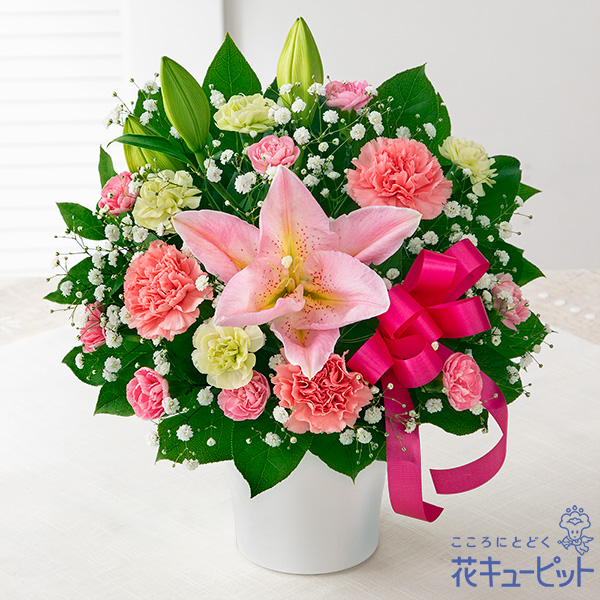 【母の日ギフト】ピンクユリの母の日アレンジメントお母さんの心を和らげる上品なユリの花