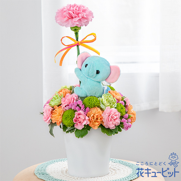 【母の日ギフト ランキング】空色ぞうさんのマスコット付きアレンジメント可愛らしいぞうさんにお母さんもにっこり