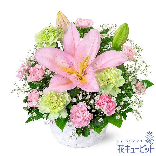 【6月の誕生花（ユリ）】ピンクユリのキュートなアレンジメント淡く優しい色合いがかわいらしいギフト