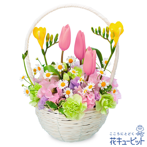 【チューリップ特集】ピンクチューリップのナチュラルバスケットたくさんの春の花を詰め込んだバスケット
