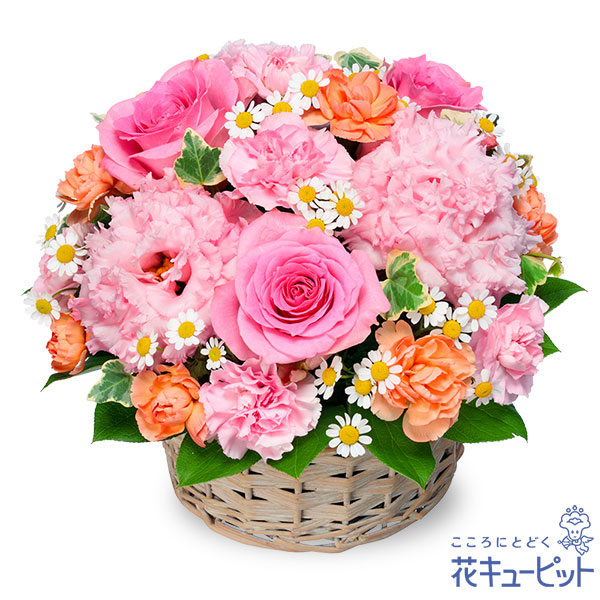【8月の誕生花（トルコキキョウ）】ピンクバラのバスケットアレンジメントころんと丸いフォルムが可愛いアレンジメント