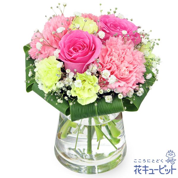 【結婚記念日】ピンクバラのグラスブーケ（花瓶付き）上品な花束が想いを伝えます