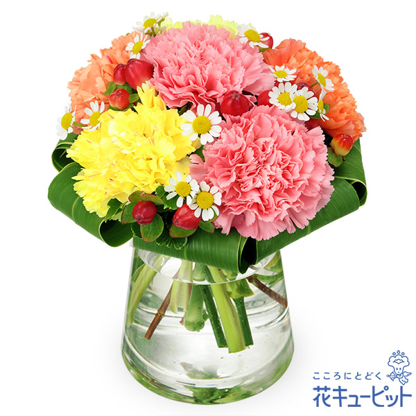 【誕生日フラワーギフト】カーネーションのグラスブーケ（花瓶付き）花もちの良いカーネーションを人気な色味で合わせました