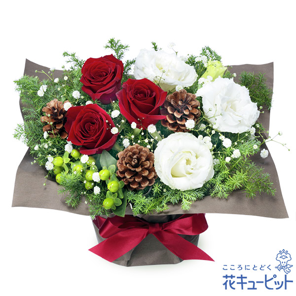 【12月の誕生花（赤バラ）】12月のバースデーアレンジメントクリスマスをイメージした、レッド×ホワイト×グリーン