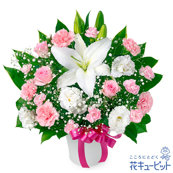 【5月の誕生花（ピンクバラ）】ユリとピンクバラのスイートなアレンジメント上品さと可愛らしさをどちらも感じられるデザイン