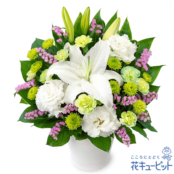 【四十九日法要以降に贈る花】お供えのアレンジメント凛としたユリにピンクの小花をあわせたお供え花