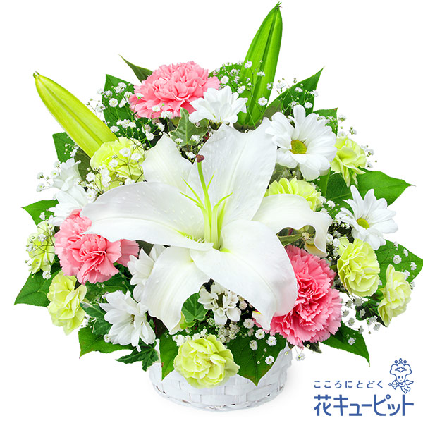 【四十九日法要以降に贈る献花】お供えのアレンジメントあたたかみのあるピンクのお花を添えて
