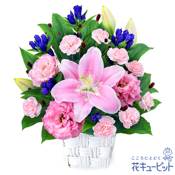 【秋のお彼岸】秋のお彼岸のアレンジメント華やかなピンクユリに秋の花をあわせました
