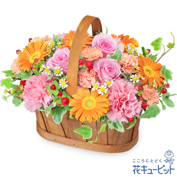 ピンクとホワイトのバスケットアレンジメント ピンクのバラのホワイトバスケットアレンジメント」 | フラワー