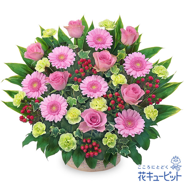 【新築引っ越し祝い】ピンクバラとピンクガーベラのアレンジメント豪華な中に可愛らしさと親しみやすさがあるデザイン