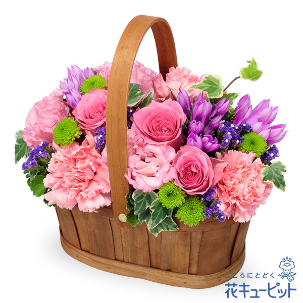 【誕生日フラワーギフト】リンドウのハーモニーバスケット（ピンク）リンドウなどのピンクの花が可愛いデザイン