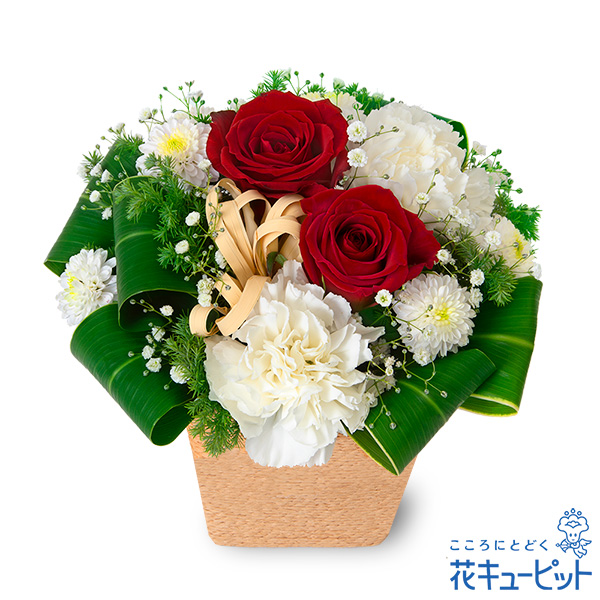 【クリスマスフラワー】赤バラと白のアレンジメント落ち着いた色合いでどんな方にもぴったり