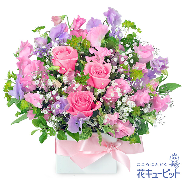 【目上の方に贈る誕生日フラワーギフト】スイートピーのキューブアレンジメント春が近づいてワクワクとする気持ちを表現しました