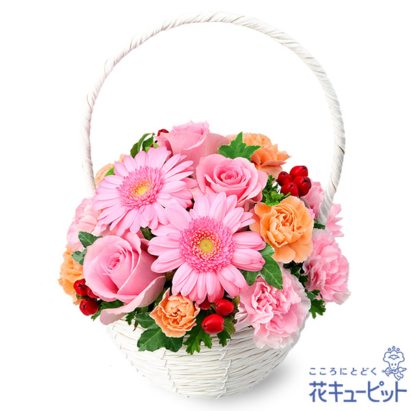 【友達に贈る誕生日フラワーギフト】ピンクバラとガーベラのナチュラルバスケット優しいあの人に贈りたいアレンジメント