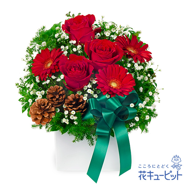 【クリスマスフラワー】赤バラのクリスマス風アレンジメント赤いバラとたっぷりのグリーンで仕上げました