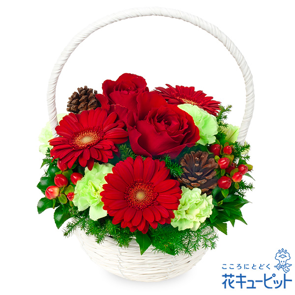 【友達に贈る誕生日フラワーギフト】赤バラのウィンター風バスケット可愛らしく冬を演出するバスケットアレンジ