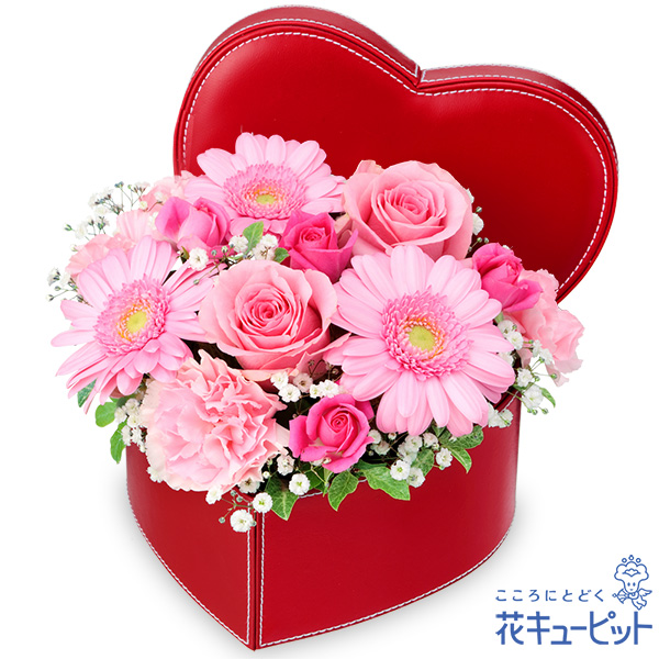 ピンクバラとガーベラのハートボックスアレンジメント - フラワー
