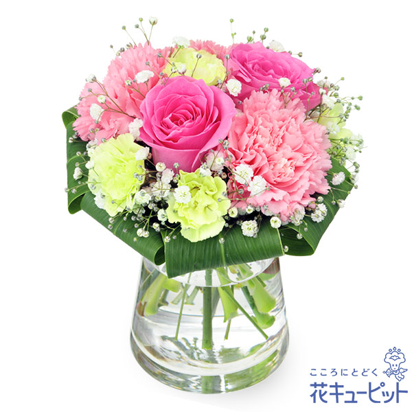 【お祝い】ピンクバラのグラスブーケ（花瓶付き）上品な花束が想いを伝えます