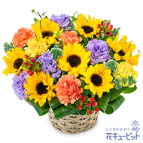 【夏の花贈り・お中元・暑中見舞い】ひまわりのシックなアレンジメントひまわりに落ち着いた色の花を合わせたアレンジ