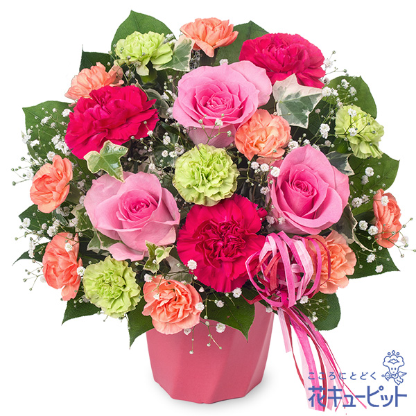 【10月の誕生花（バラ）】ピンクバラのキュートなハミングアレンジメントピンクのバラを中心に華やかな雰囲気に仕上げたギフト