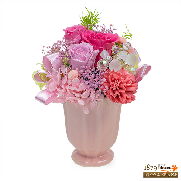 【母の日プリザーブドフラワー】ピンクバラのプリザーブドフラワーアレンジメントかわいらしいピンクの花々をぎゅっと詰め込みました