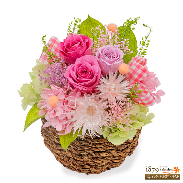 【母の日プリザーブドフラワー】ピンクバラのプリザーブドフラワーバスケットピンクの花々のナチュラルなバスケット