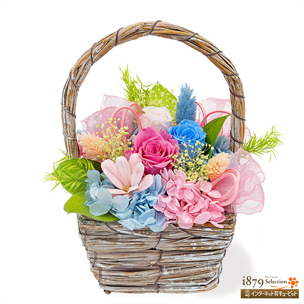 【母の日プリザーブドフラワー】パステルピンクのプリザーブドフラワーバスケットピンクとブルーの花々のナチュラルなバスケット