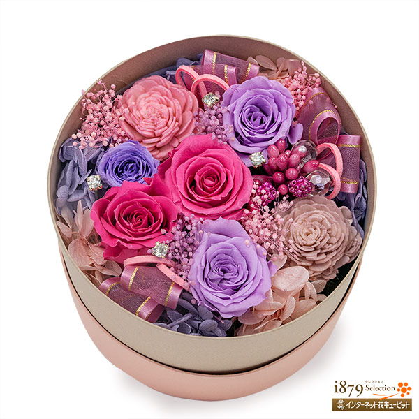 【母の日プリザーブドフラワー】ピンクパープルの上品なプリザーブドフラワーボックスピンクと紫の花々をたっぷりと詰め込んだフラワーボックス