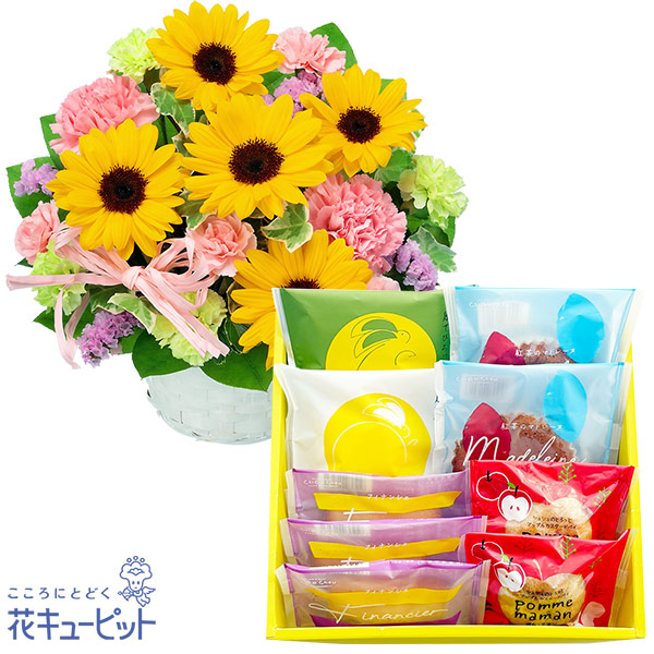 【お祝いセットギフト】ひまわりのピンクアレンジメントと【シュシュ】焼き菓子アソート 5種9個入5種9個入りのバラエティ豊かな洋菓子アソート