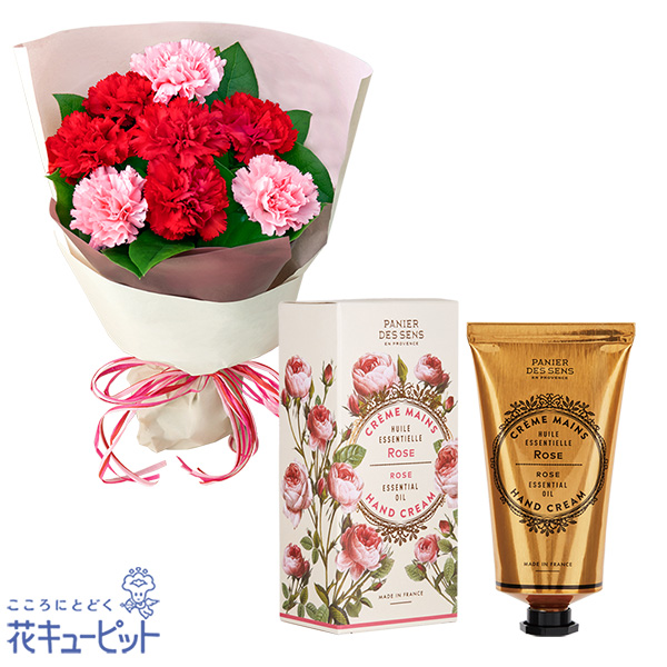 【母の日セットギフト】カーネーションの花束（レッド）とエッセンシャルズ ハンドクリーム（ローズ）シアバターを贅沢に配合した濃厚保湿ハンドクリーム