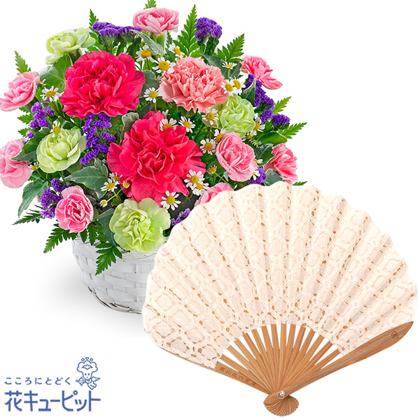 【母の日セットギフト】華やかなアレンジメントと【西川庄六商店】レース素材のふわり扇子立体感のあるレースがエレガントな扇子