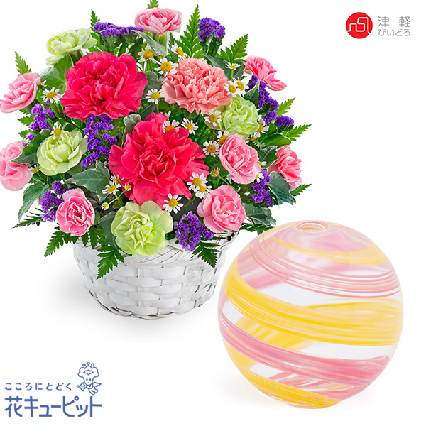 【母の日セットギフト】華やかなアレンジメントと【津軽びいどろ】一輪挿し 彩手毬・桜風青森県伝統工芸品「津軽びいどろ」の花瓶