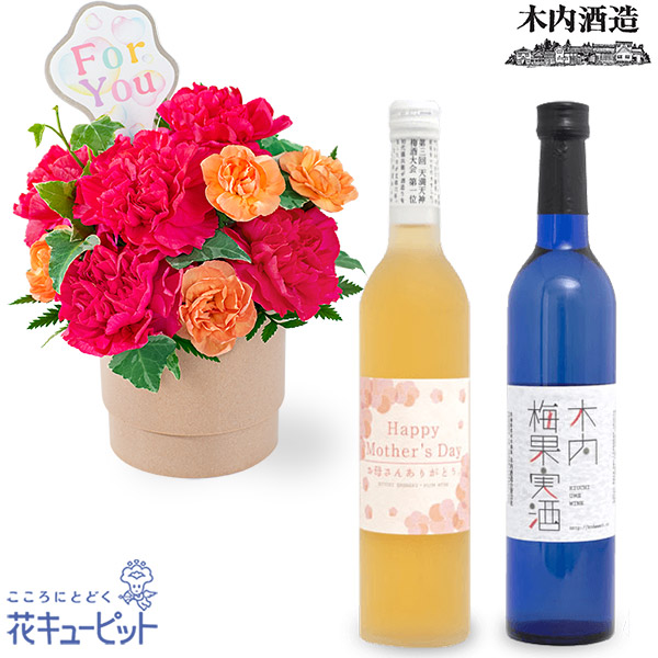 【母の日セットギフト】カーネーションのアレンジ（ピンク）と【木内酒造】母の日限定◆木内梅酒・梅果実酒セット女性に人気な梅のお酒2種類をセットに