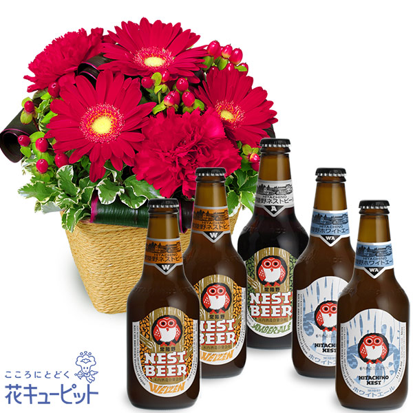 【お祝いセットギフト】赤ガーベラのアレンジメントと常陸野ネストビール飲み比べ5本セット日本初のクラフトビール「常陸野ネストビール」を飲み比べ