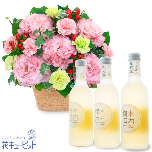 【お祝いセットギフト】トルコキキョウのナチュラルなアレンジメントとしゅわしゅわ木内梅酒3本セットさわやかな香りとさらりとした喉ごしの梅酒セット