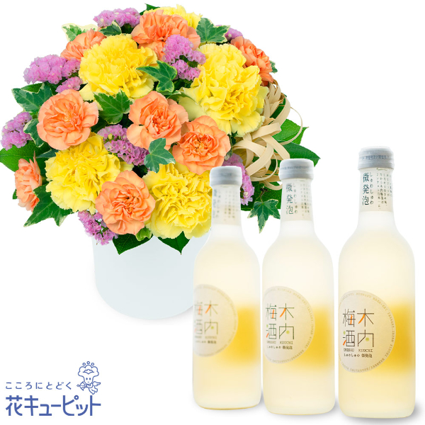 【お祝いセットギフト】ビタミンカラーのナチュラルなアレンジメントとしゅわしゅわ木内梅酒3本セットさわやかな香りとさらりとした喉ごしの梅酒セット