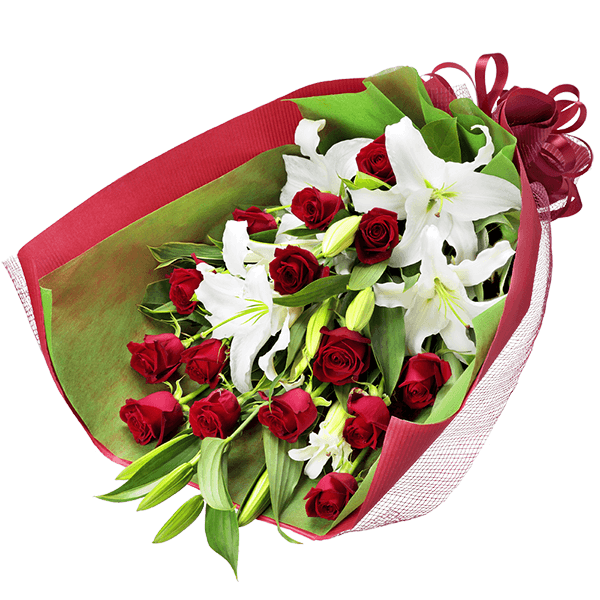 【還暦祝い・長寿祝い】ユリと赤バラの花束