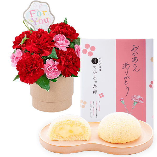 【母の日セットギフト】カーネーションのアレンジ（レッド）と月でひろった卵 名月撰 3種12個入