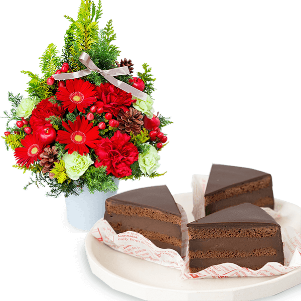 【クリスマスセットギフト】クリスマスのツリー風アレンジメントと【果子乃季】魅惑のザッハトルテ 3個入