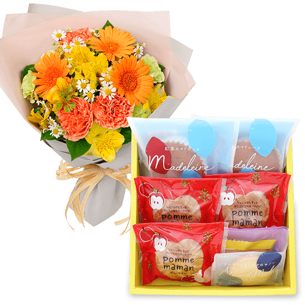 【春のセットギフト】オレンジガーベラの花束とシュシュスイーツ 4種7個入