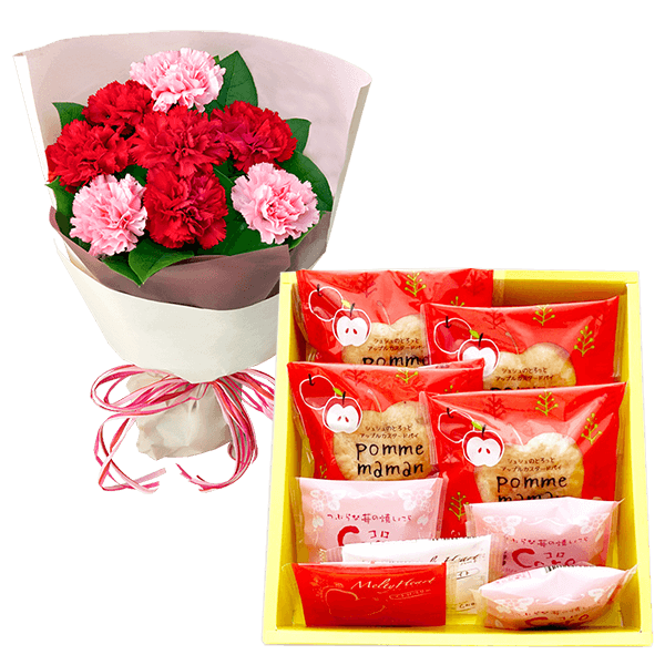 【母の日セットギフト】カーネーションの花束（レッド）と【シュシュ】焼き菓子アソート 4種9個入